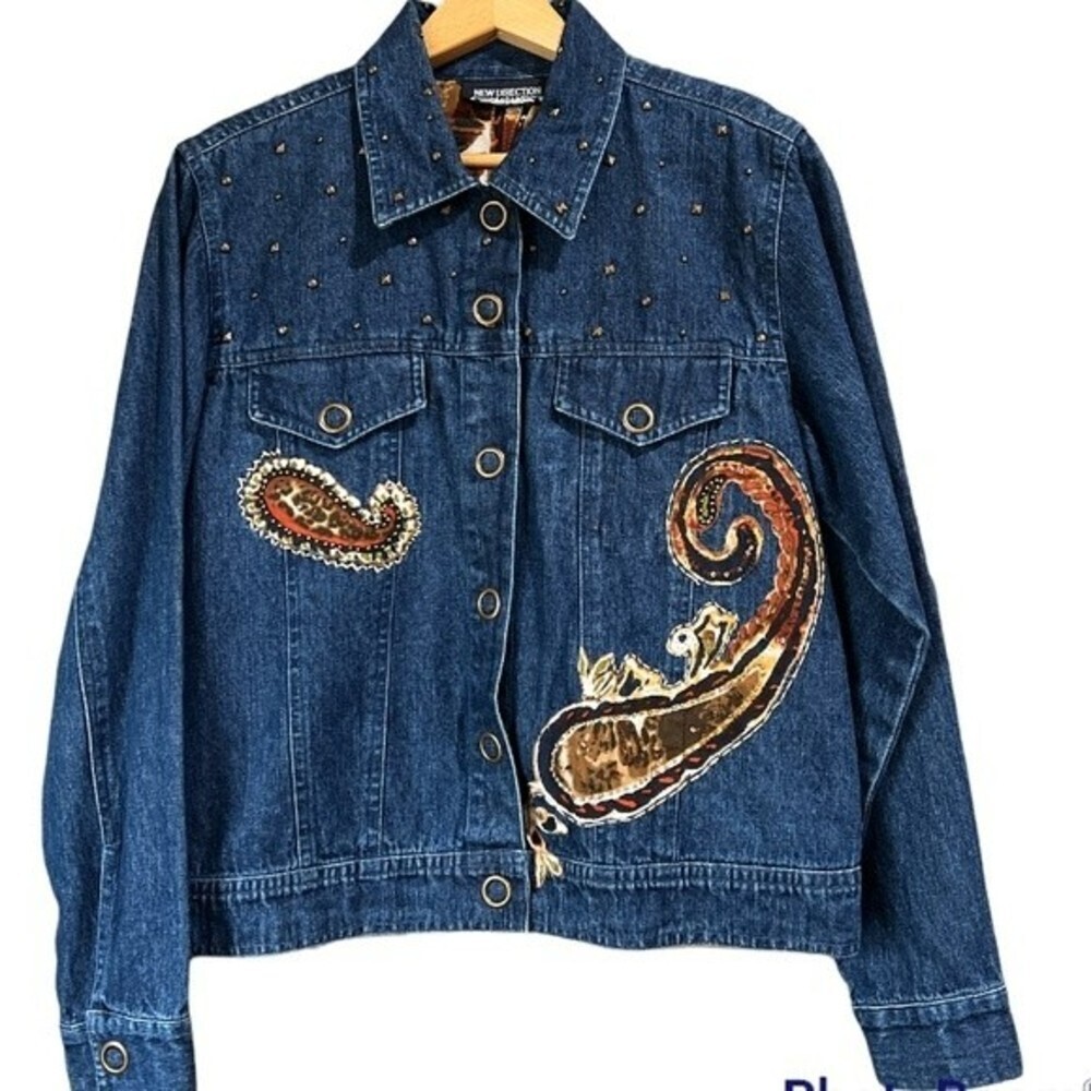 New Direction Denim Jean jacket Floral Appliqué Embedded Snap Button